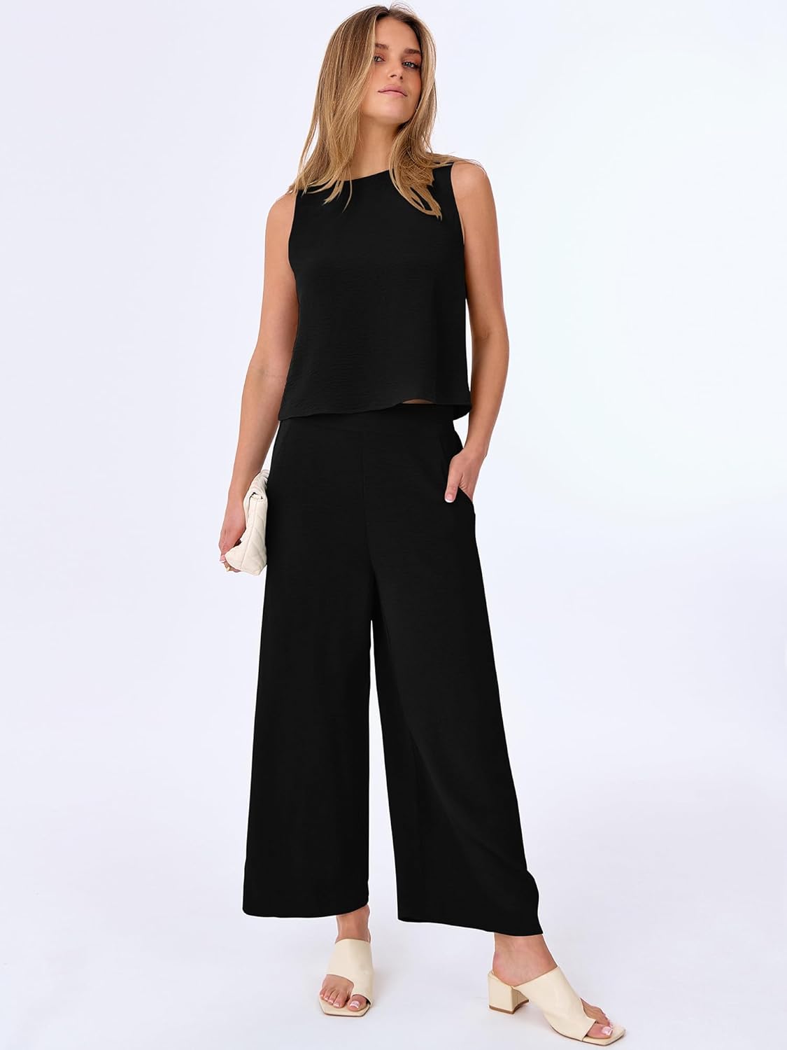 ANRABESS Women Lounge Sets 2 Piece Outfits Summer Sleeveless Crop Tops Capri Wide Leg Pants Vacation Beach Travel Sets - Image 2