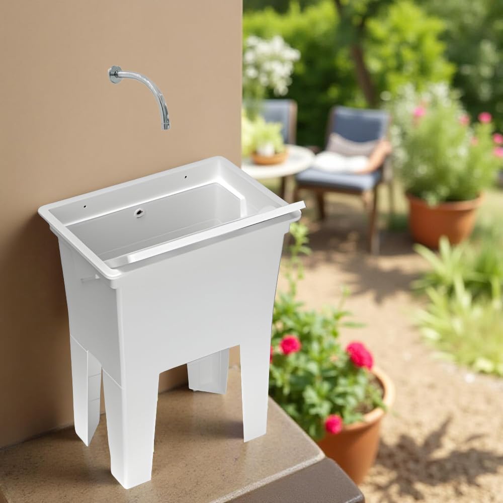 Buystar Lavandino Monoblocco in Resina Bianco 59x40x74h cm - da Esterno, Interno, Vasca, Garage, a Mano, Lavanderia, Lavatoio, Lavapanni, Resistente agli Acidi, Portasapone - Made Italy