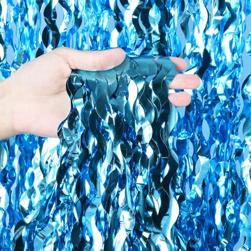 Image of Wavy Blue Streamers Party Backdrop - GREATRIL Fringe Curtain for Pool Party /Birthdays /VBS /Beach /Under Sea - 3.2ft X 6.5ft - 2 Packs