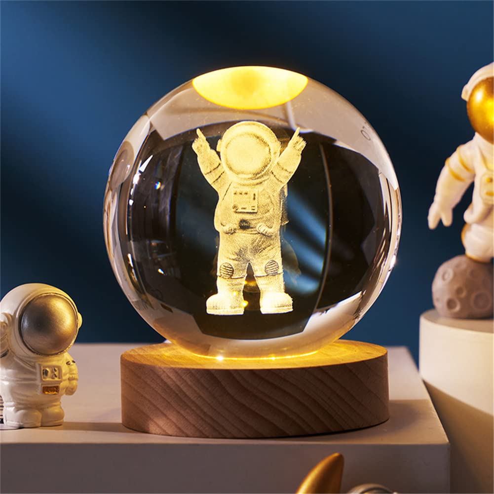 Jhzood Astronauts 3D Crystal Ball Nightlight Decor Lamp, Crystal Ball With Base, Solar System Planets Crystal Ball Sphere Table Decor Crafts, Home Room Decor Led Night Lamp-Usb Powered (Astronauts)
