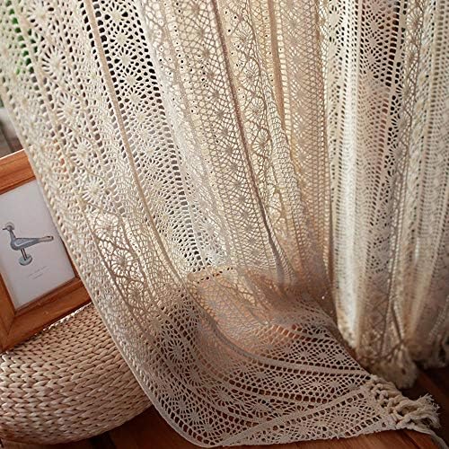 Handmade Crochet Curtains for Living Room Farmhouse Retro Rod Pocket Window Treatment Beige Sheer Curtains for Bedroom Knitted Boho Curtains for Home Decor 1 Panel W39 X L59 Inch