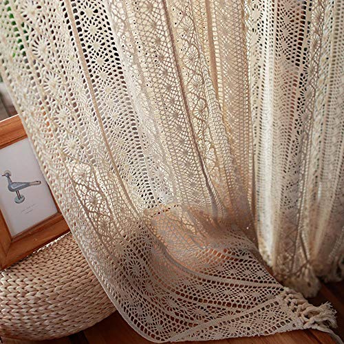Handmade Crochet Curtains For Living Room Farmhouse Retro Rod Pocket Window Treatment Beige Sheer Curtains For Bedroom Knitted Boho Curtains For Home Decor 1 Panel W39 X L59 Inch #TOP2