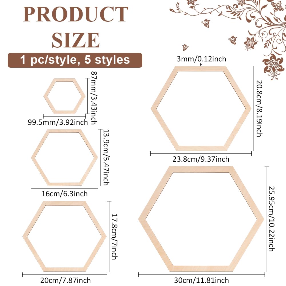 BENECREAT 5 Sizes Hexagon Macrame Outline, Wooden Hexagon Macrame Frame, DIY Craft Making Home Wall Hanging Wreath Decoration, 3mm Thick