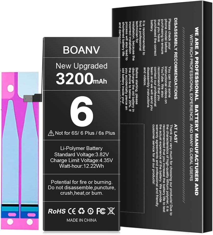 [3200mAh] Battery for iPhone 6, (2022New Version) BOANV Ultra High Capacity A1549/A1586/A1589 Battery Replacement with A Set of Adhesive Strips