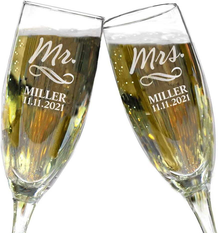 Personalized Engraved Wedding Champagne Flutes, BIG 9.5 inch 8 oz Bride and Groom Toasting Glasses, Authentic Size, Reception or Engagement, Set of 2