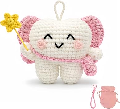 Tooth Fairy Crochet Plush with Detachable Tooth Pouch & Key Ring, Mini Tooth Holder Door Hanger for Lost Teeth, Includes Velvet Drawstring Bag, Tooth Fairy Pillow Alternative Pink