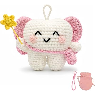 Tooth Fairy Crochet Plush with Detachable Tooth Pouch & Key Ring, Mini Tooth Holder Door Hanger for Lost Teeth, Includes Velvet Drawstring Bag, Tooth Fairy Pillow Alternative (Pink)