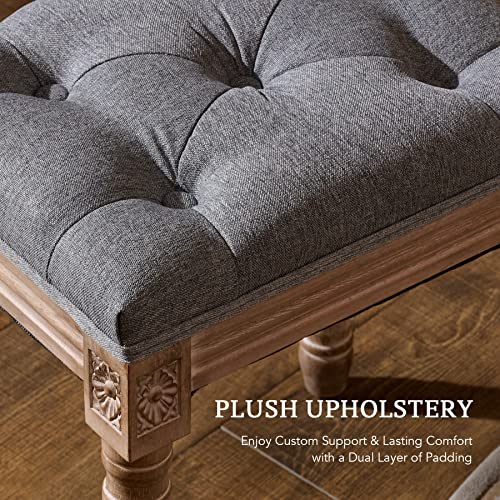 VONLUCE French Vintage Foot Stool with Rustic Wood Legs and Padded Seat, 18.5\" High Memory Foam Upholstered Vanity Stool and Entryway Bench, Tufted Fabric Ottoman Stool for Bedroom Living Room, Gray