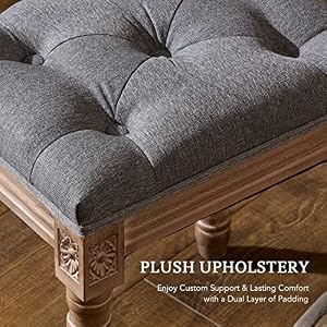 VONLUCE French Vintage Foot Stool with Rustic Wood Legs and Padded Seat 185 High Memory Foam Upholstered Vanity Stool and Entryway Bench Tufted Fabric Ottoman Stool for Bedroom Living Room Gray