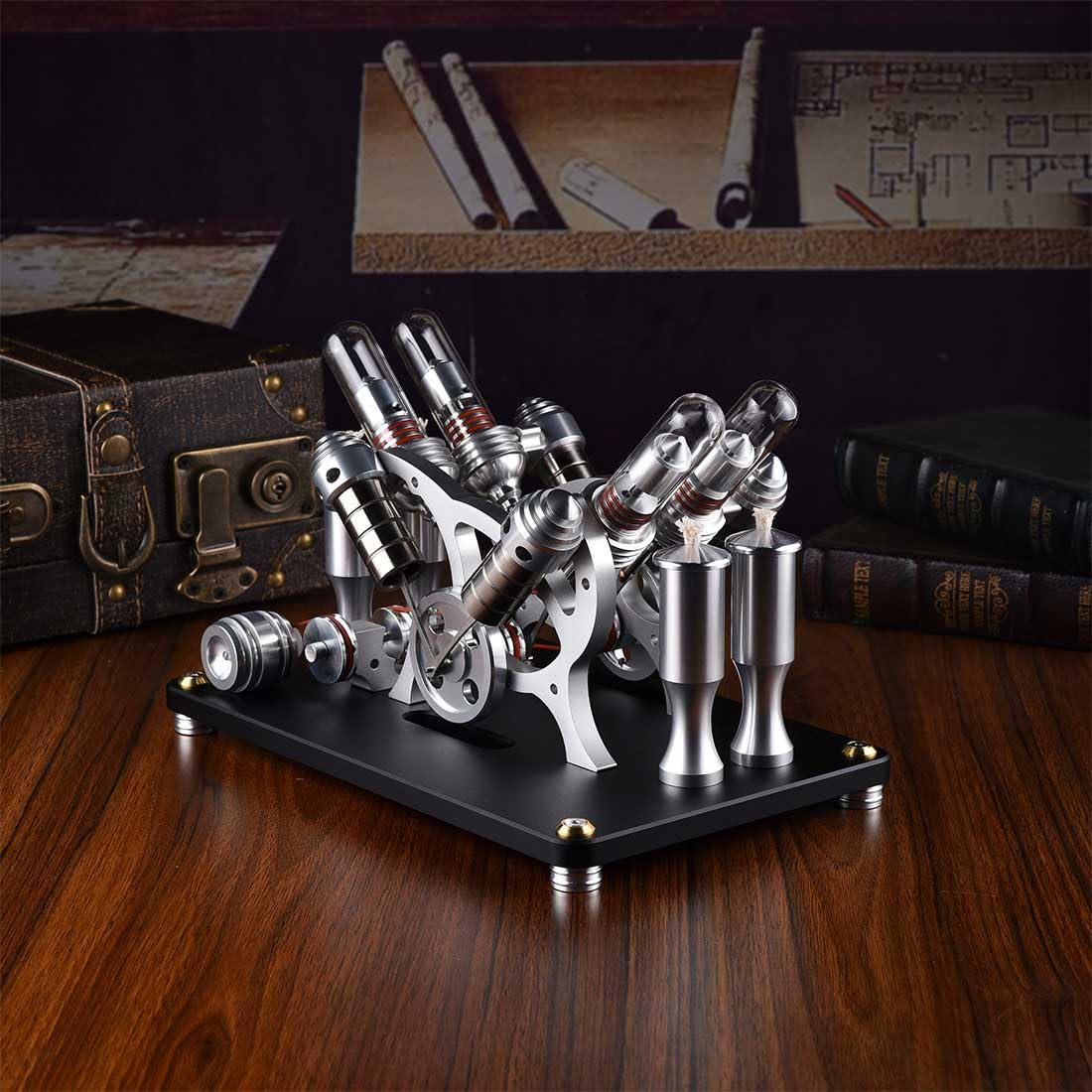 Motor Stirling Engine, metal de arranque V4 4 cilindros Stirling Motor Modelo, Motor de combustión externa Stirling Motor Kit de construcción de juguete educativo