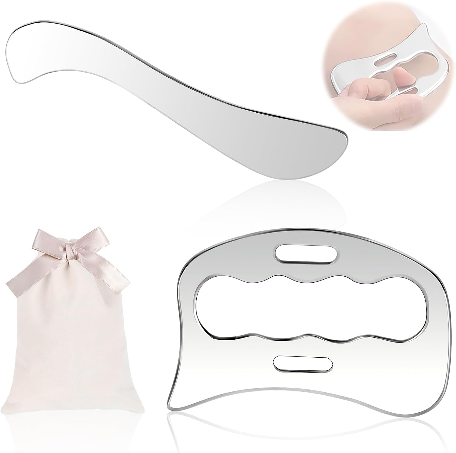 2pcs Gua Sha Stainless Steel, Multifunctional Gua Sha Scraper, Body Gua Sha Massage Tool for Elieves Muscle Pain and Tension/Improve Blood Flow (with Storage Bag)