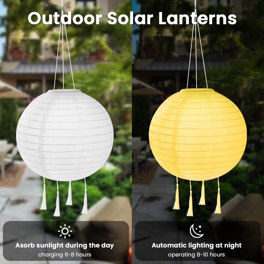 HOTUT Solarne Latarnie Zewnętrzne Odporne na Warunki Atmosferyczne, 2 sztuki 30 cm Solarna Latarnia LED z 4 chwostami, IP65 Wodoodporna Wisząca Latarnia Nylonowa do Ogrodów (Ciepła Biel)