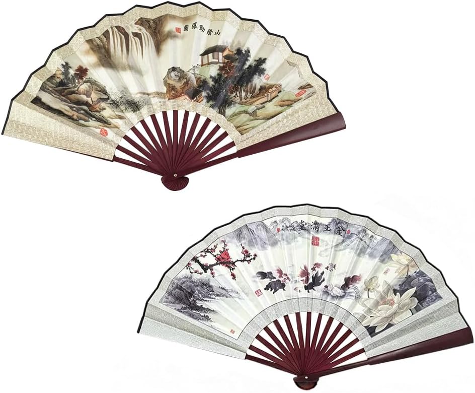 Fox Baby 2 Pcs Large Folding Hand Fans,13 inch Bamboo Fabric Fans with Chinese Traditional Painting for Performance,Decorations (Waterfall & Goldfish)