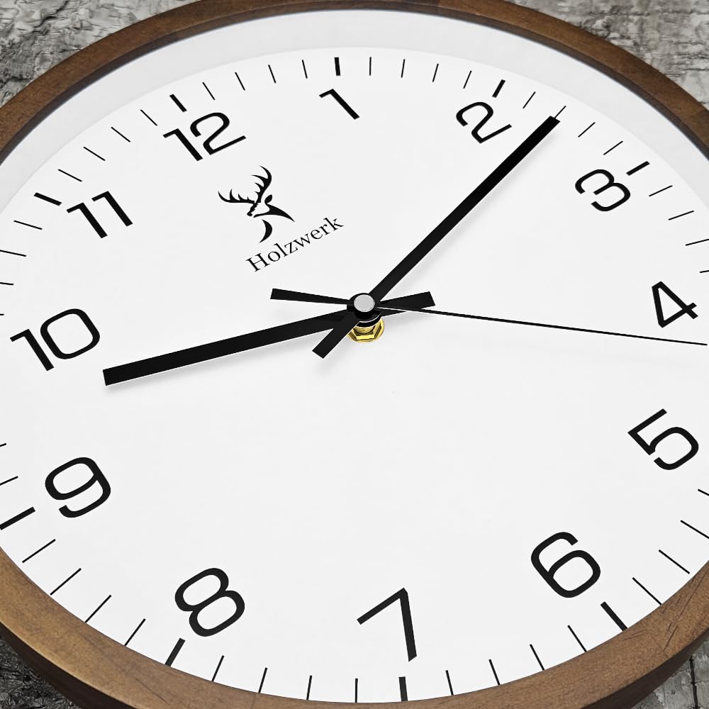 Holzwerk Germany Horloge murale en bois naturel - Vintage - Mouvement silencieux - Sans bruit de tic-tac - Marron et blanc - Silencieux - En bois massif naturel fait à la main - 30 cm