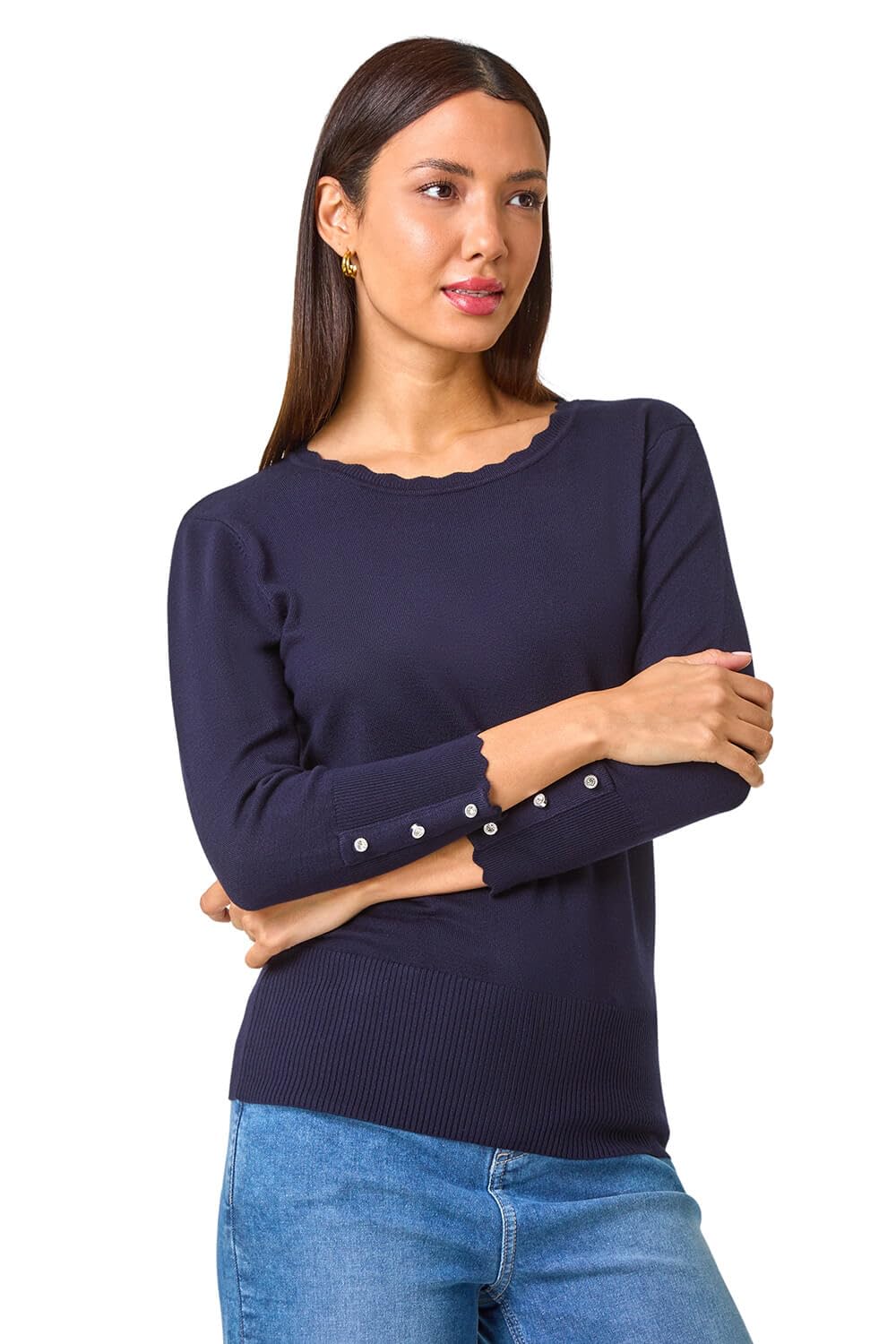 Roman Diamante Button Scallop Edge Jumper for Women UK Ladies Autumn Everyday Winter Holiday Round Neckline Comfy Long Sleeve Soft Slim Fit Knitted Sweater Warm Tops - Midnight Blue - Size 16