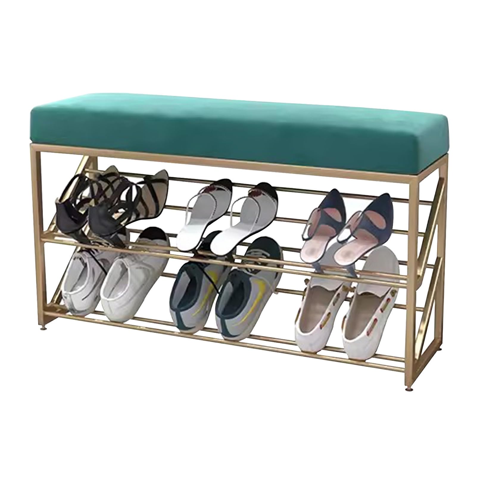 SXZenSpace Narrow Shoe Rack for Entryway Slim 3 Tier Small Bench, Velvet Organizer Bench with Gold Metal Frame, Hallway Storage