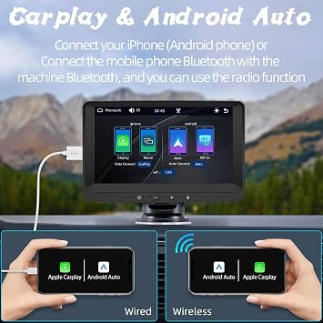 Wireless CarPlay Android Auto Screen, Portable Car Stereo 7 inch Touch Screen with Mirror Link, Bluetooth, FM Transmitter Music Video Player Built in Speaker+Reverse Camera