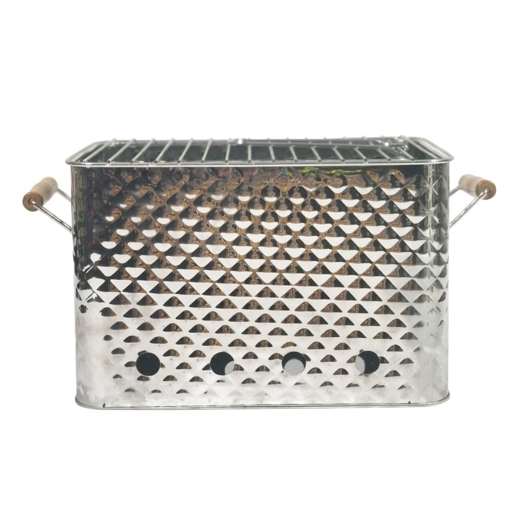 e Charbon Portable, Acier Inoxydable & Bois, pour Camping & Pique-nique, Extérieur