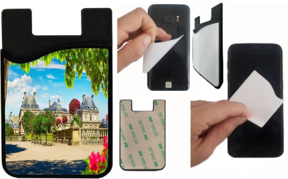 Island Gifting Neoprene Stick-on ID Card Holder for iPhone/Galaxy/Google Android Cases Featuring Image of Luxembourg Gardens in Paris, cell-sleeve-mas-570