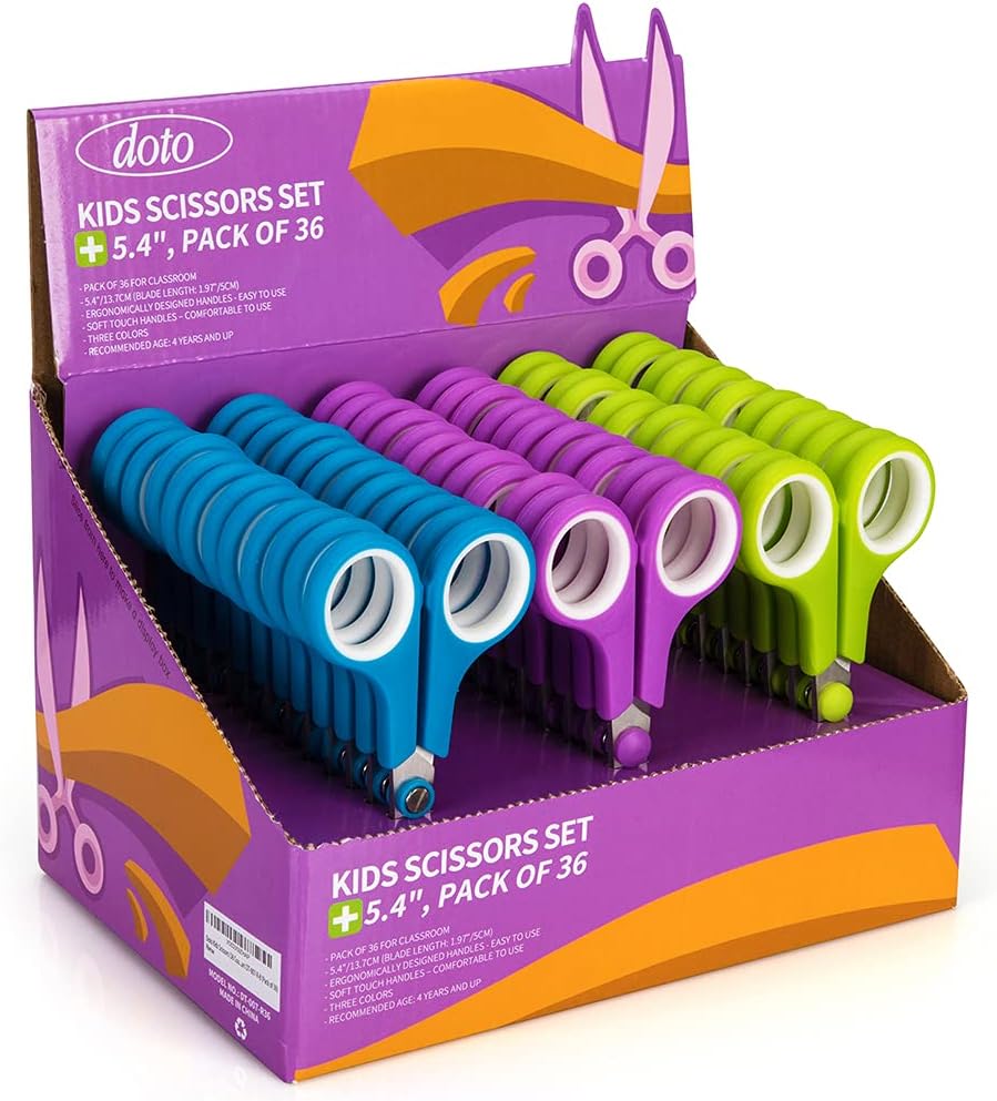 Doto Kids Scissors (36 Count Teacher Pack, Rounded-tip, 5.4 Inch)Soft Touch Blunt School Student Scissors Shears DT-007-R-B (Pack of 36) Green