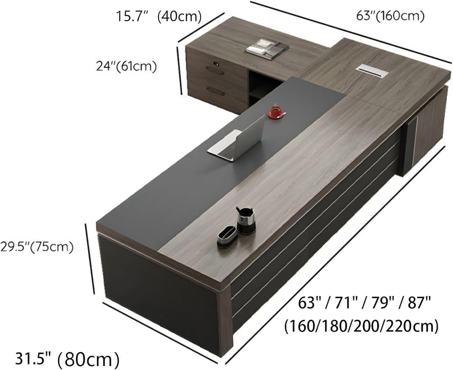 L-Shape Modern Executive Desk, L-Shape Office Executive Desk, Locking Drawer, Cord Management, Modern Wood Computer Writing Desks for Office (Right Sideboard, 87" L x 63" W x 29.5" H)
