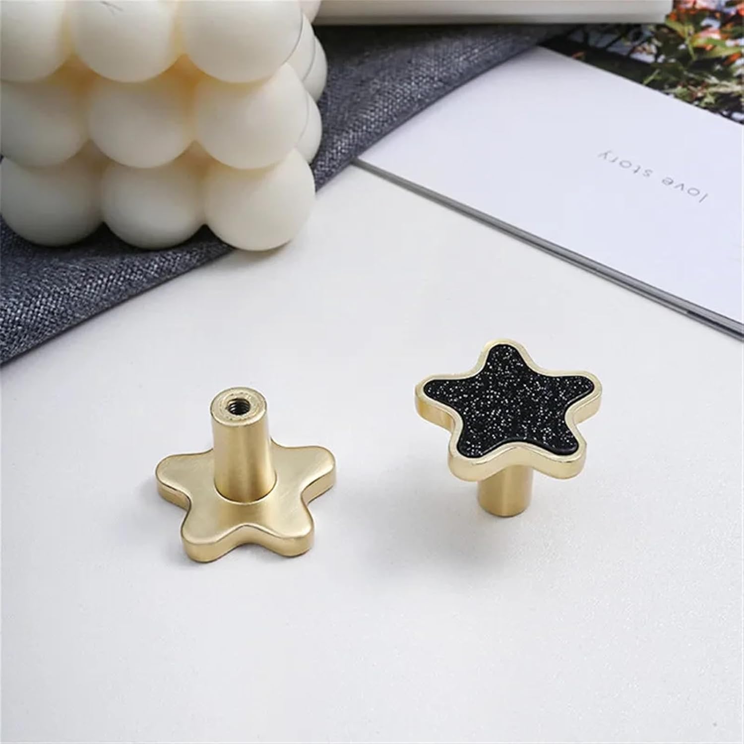 Simple Shell Furniture Door Handle Zinc Alloy Copper Brushed Wine Cabinet Dresser Drawer Knobs Furniture Hardware 2Pcs(Stars Shell White)
