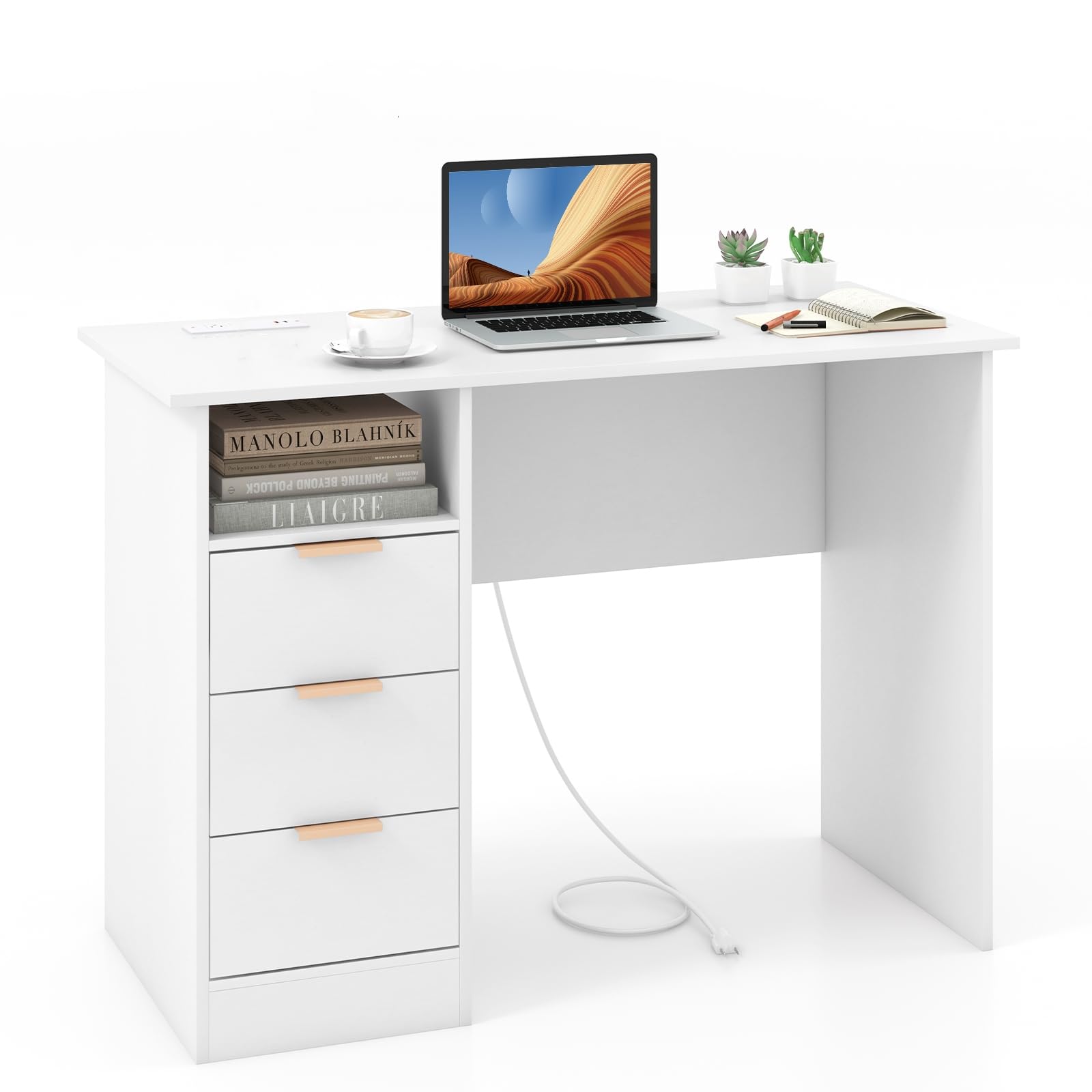 LIFEZEAL Scrivania Ufficio Porta Computer, Scirvania Bianca con 3 Cassetti, Scrivaniacon Multipresa, Moderna, Salvaspazio, Postazione di Lavoro, Desk, Scrittoio, Max 135kg, 108x48x76cm, in Legno