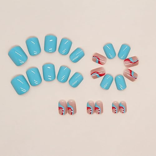 Miniatura 2 de Uñas postizas extra cortas cuadradas SWEKKE Summer de cobertura completa, color azul y rosa, con diseños brillantes, uñas acrílicas lindas para