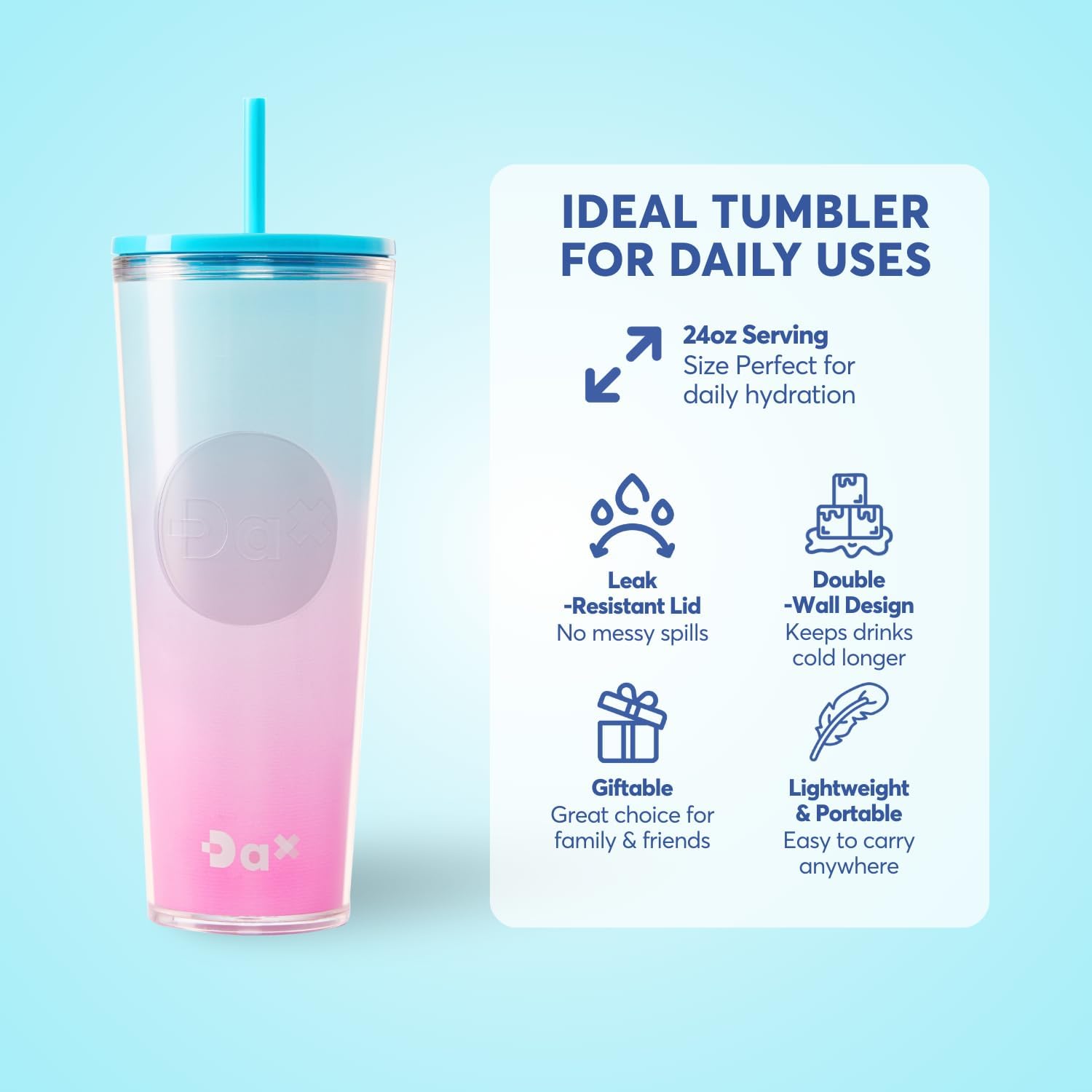 DA Plastic Tumbler With Lid And Straw, Double Wall Design, Leak Resistant Reusable BPA Free Travel Cup For Iced Coffee And Smoothies, 24oz (Ombre Pink Blue) - Image 6