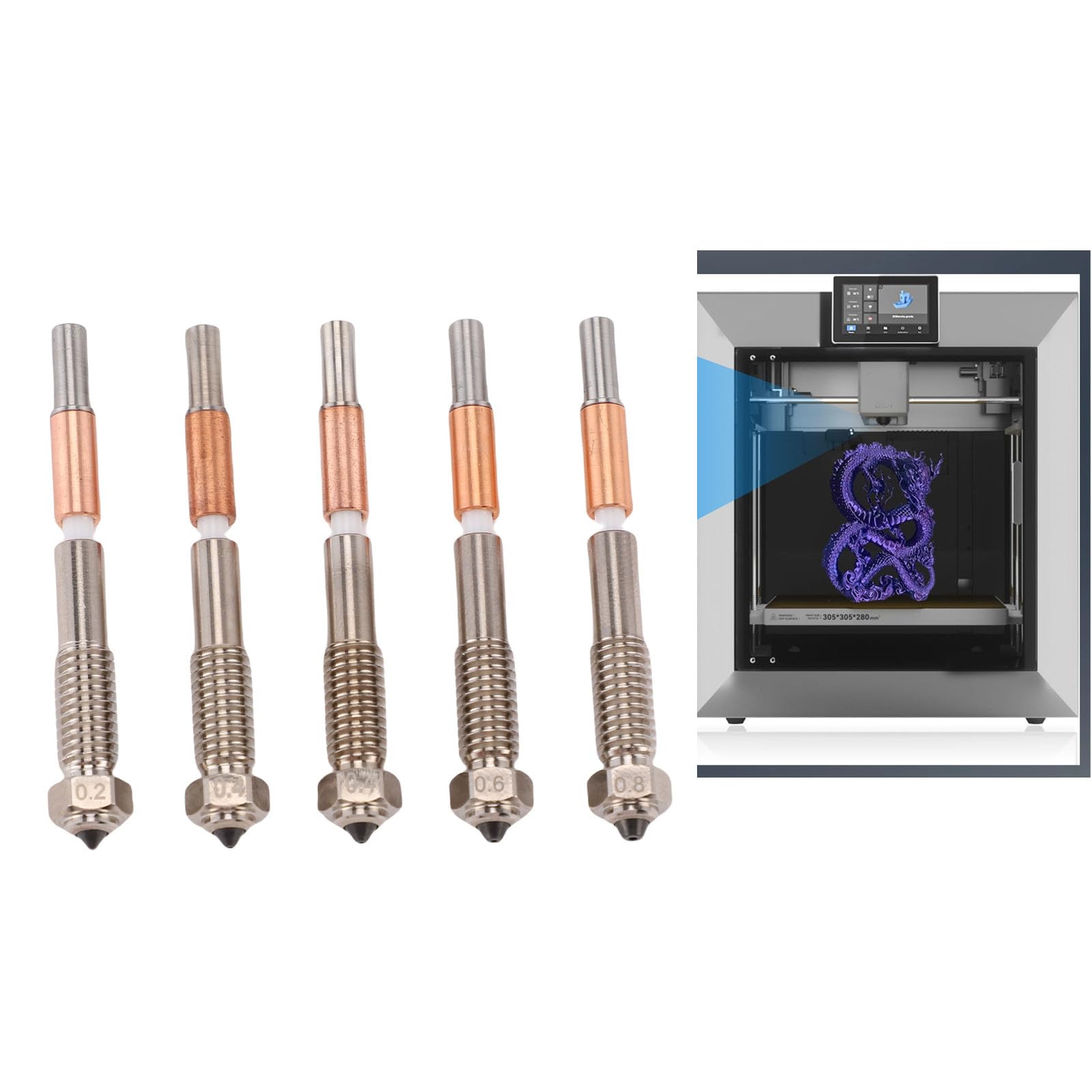 Hyuduo Bimetallische Extruderdüsen für 3D-Drucker, Düsen aus Gehärtetem Stahl und Kupferlegierung mit Keramikisolierung, 5-teiliges Düsenset in Verschiedenen Größen für QIDI Plus4 Hoch