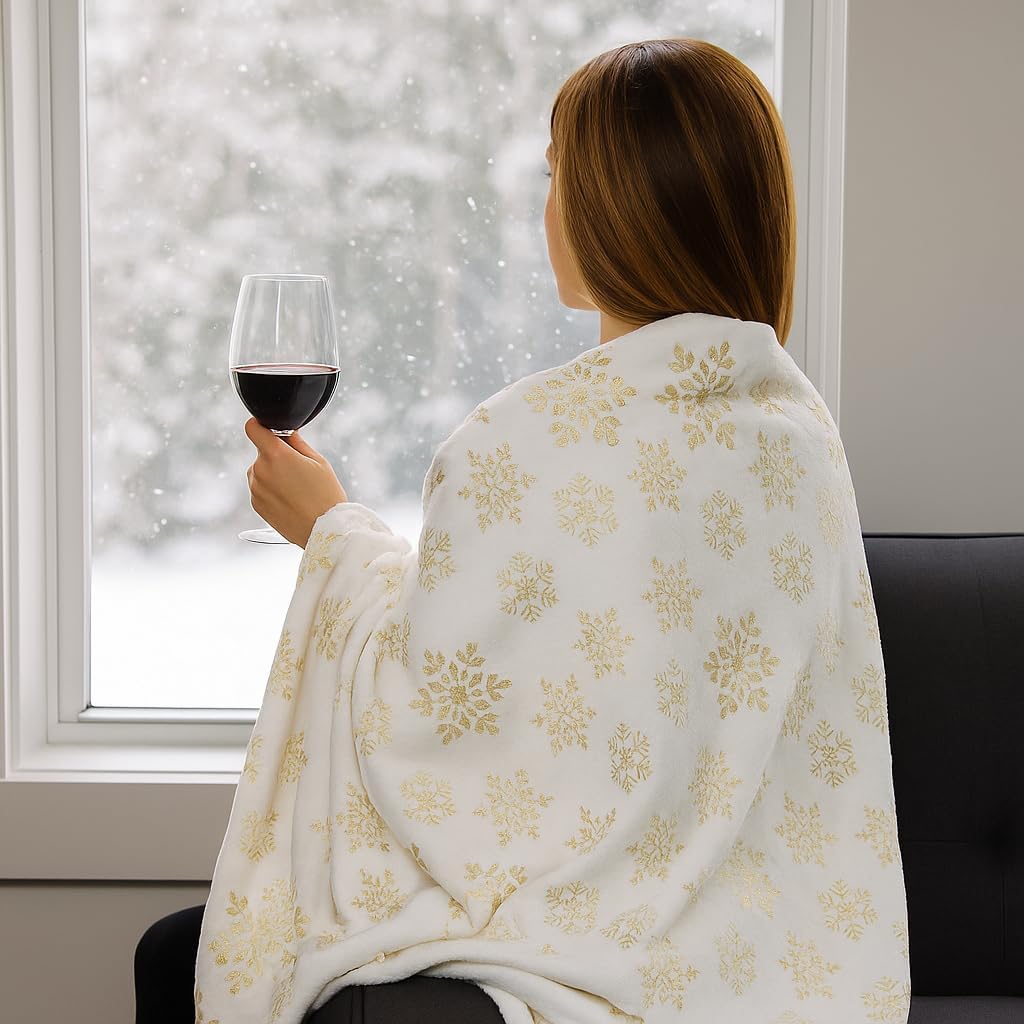 Serafina Home Christmas Holiday Throw Blanket: Velvelty Soft, Durable Fleece Accent for Bed or Couch (Golden Snowflakes, 50 x 60 inches) - Image 2