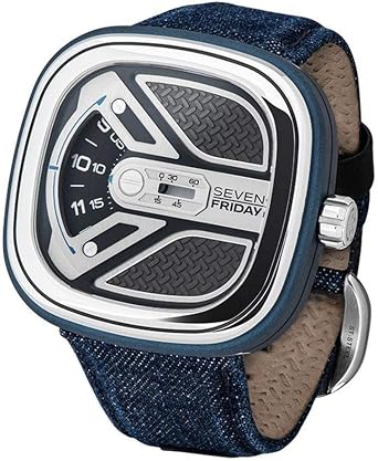 Seven Friday Men's 48mm Blue Denim Band Steel Case Automatic Black Dial Analog Watch M1B-01