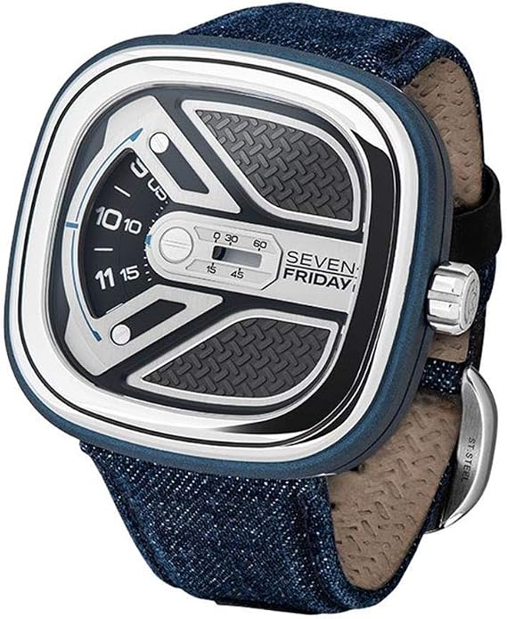 Seven Friday Men's 48mm Blue Denim Band Steel Case Automatic Black Dial Analog Watch M1B-01