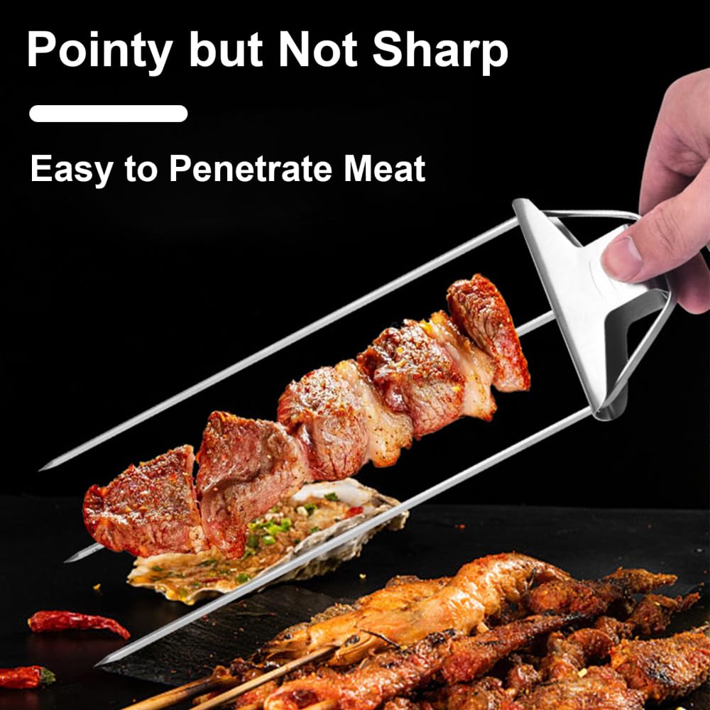 Kabob Skewer, 3 Prong Metal Grill Skewer Reusable BBQ Accessory with Push Bar Slider for Meat Veggies Marshmallows Fruits - Image 4