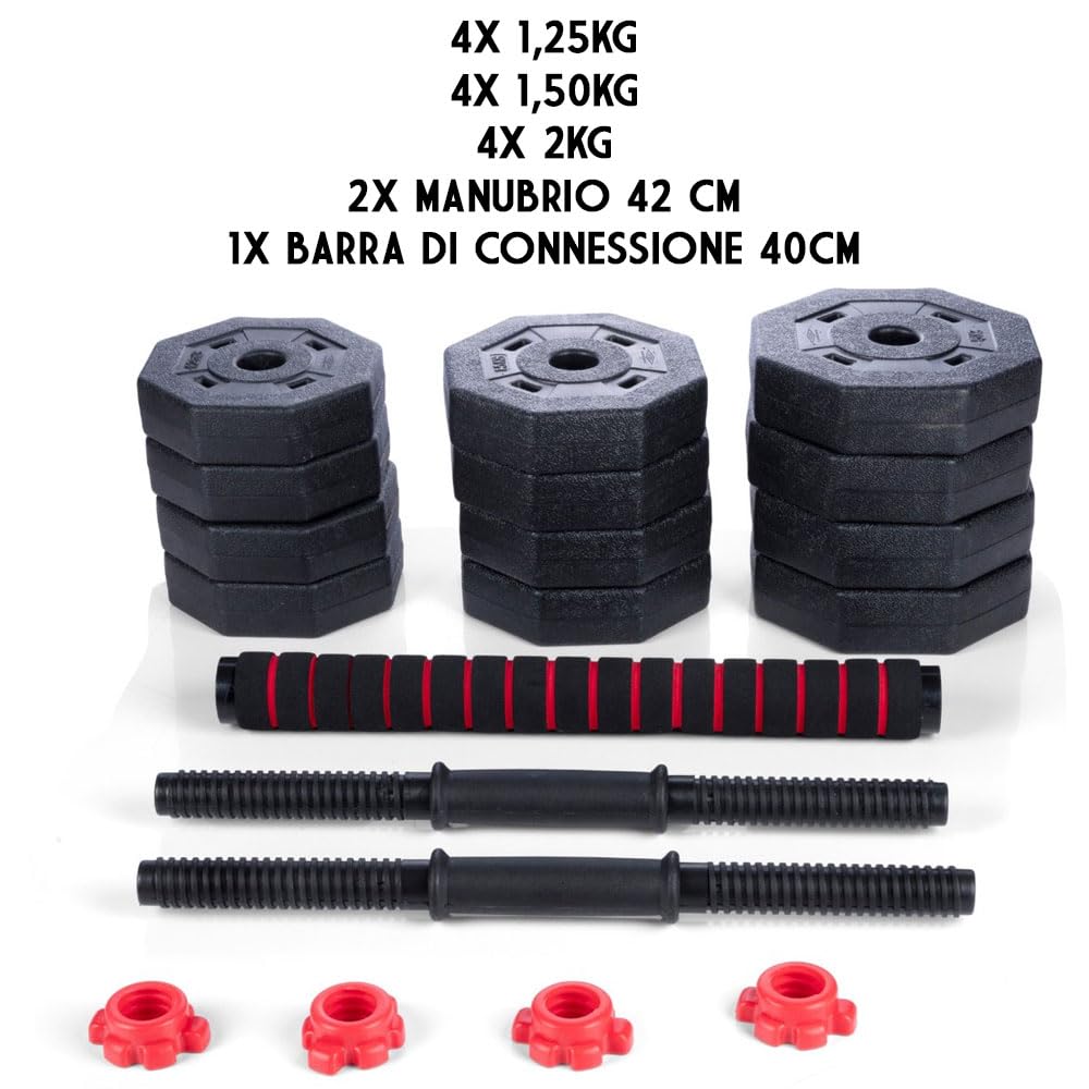 Set Manubri Convertibili in Bilanciere 19Kg Totali 12 Dischi Regolabili Impugnatura Antiscivolo Piastre di Pesi Rivestiti in Plastica Dura Riempiti Barra Lunga Allenamento Muscoli Casa Palestra