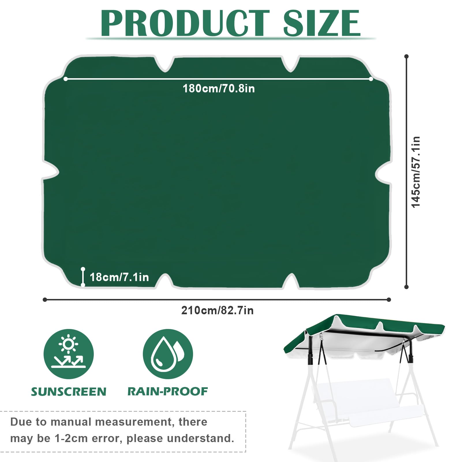Toile de Rechange pour Balancelle, Toit de balancelle de Jardin Exterieur à 3 Places, Toile Oxford 420D, Protection Contre Les Rayons UV, 210 x 145 cm (Vert)