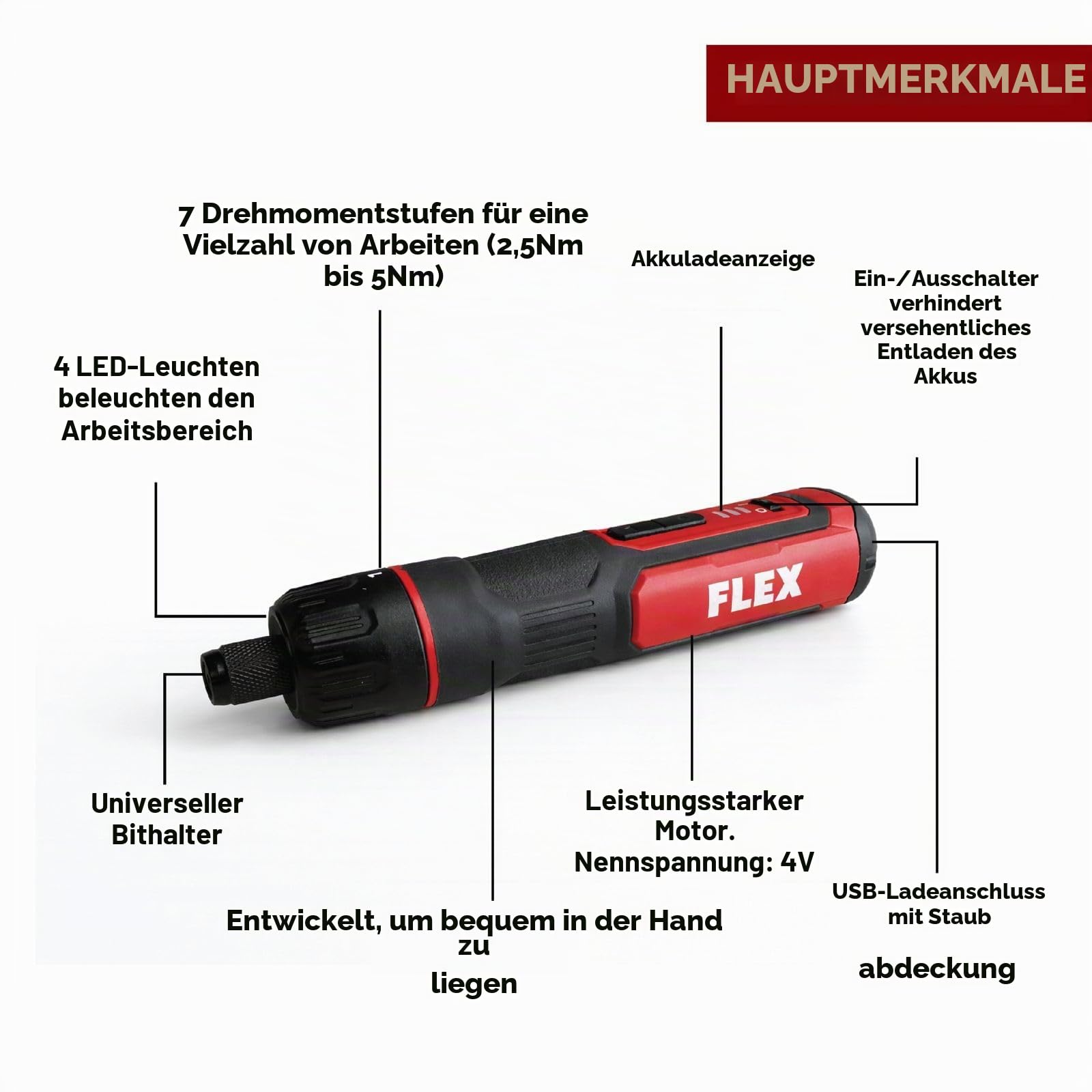 Flex Akku-Schraubendreher, starke Leistung im Hosentaschen-Format, 4 V SD 7-320 4 (mit Ladekabel und Transporttasche, Schraubenzieher) 534549