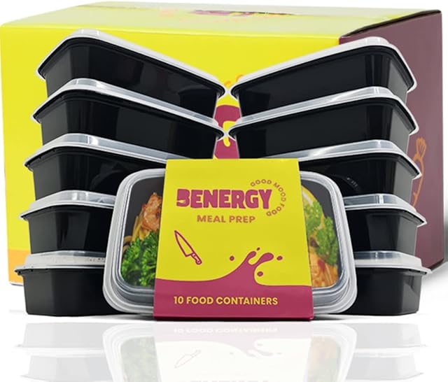 BENERGY [10 Pack] Food Containers with lidsIncludes FREE Recipe BookLeakproof and BPA Free Containers Meal Prep Containers ReusableMicrowave, Freezer Dishwasher Safe28oz