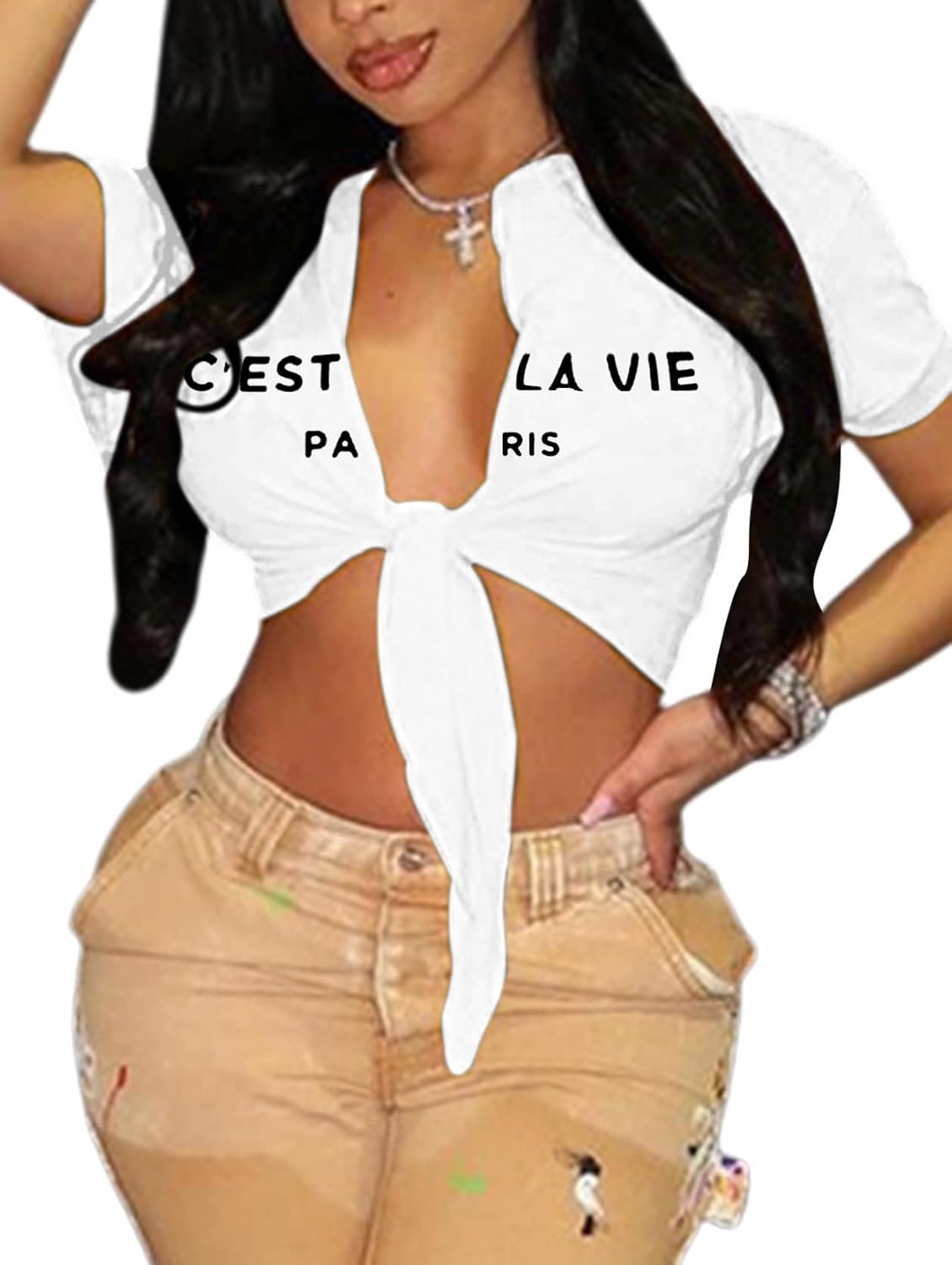 vblane Sexy Graphic Crop Tops for Women Summer Short Sleeve Tie up Tee Shirt - Image 6