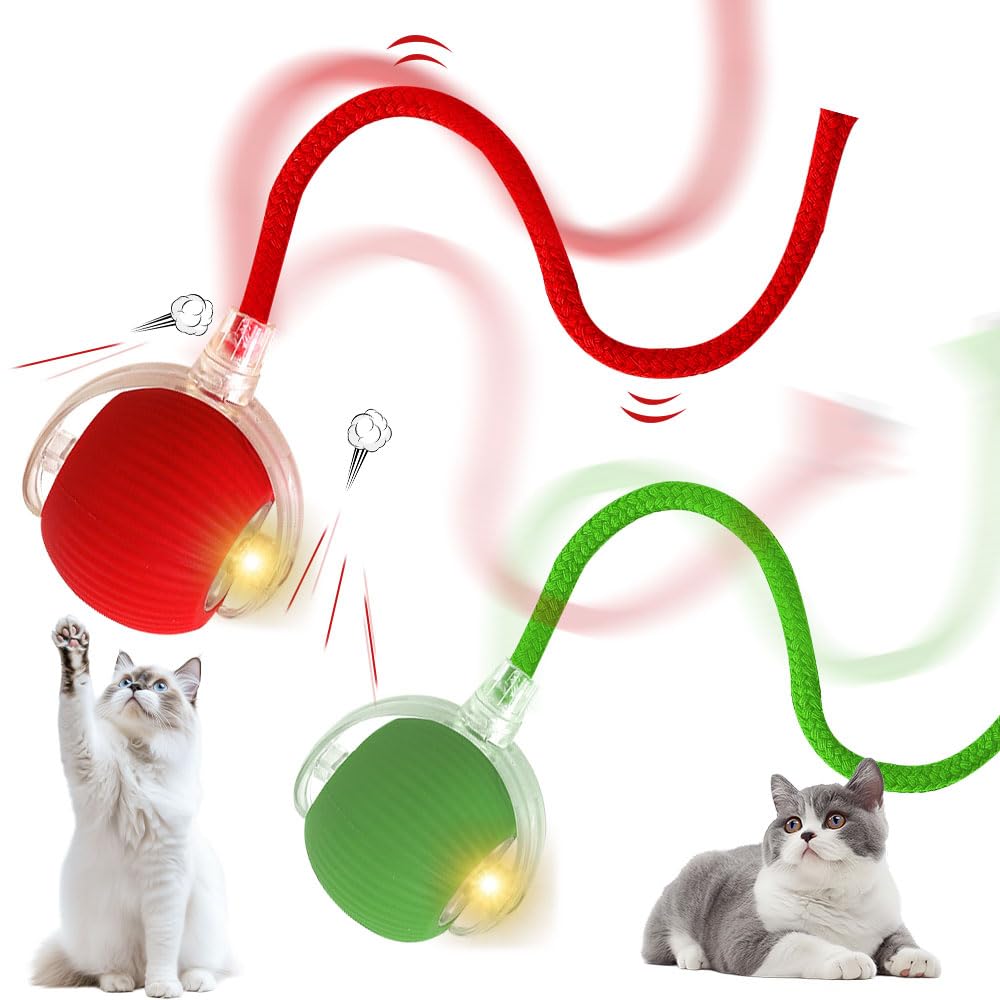 Vmxlso 2 PCS Interactive Cat Ball Toy, Rechargeable Cat Toy Ball, Chewie Viral Rolling ball with Tail, Active Rolling, 360° Smart Automatic for cats, Red + Green