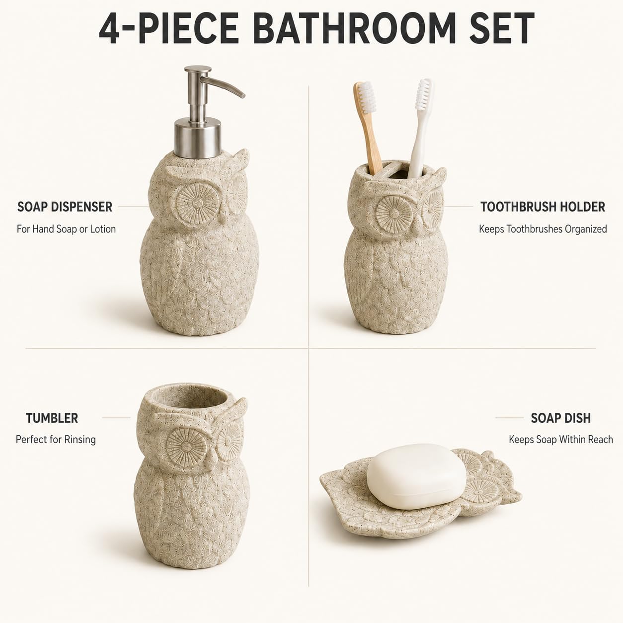 TC Sportline Evelyne GMT-10226 - Juego de accesorios de baño (resina, incluye dispensador, bandeja de jabón, soporte para cepillos de dientes y vaso)