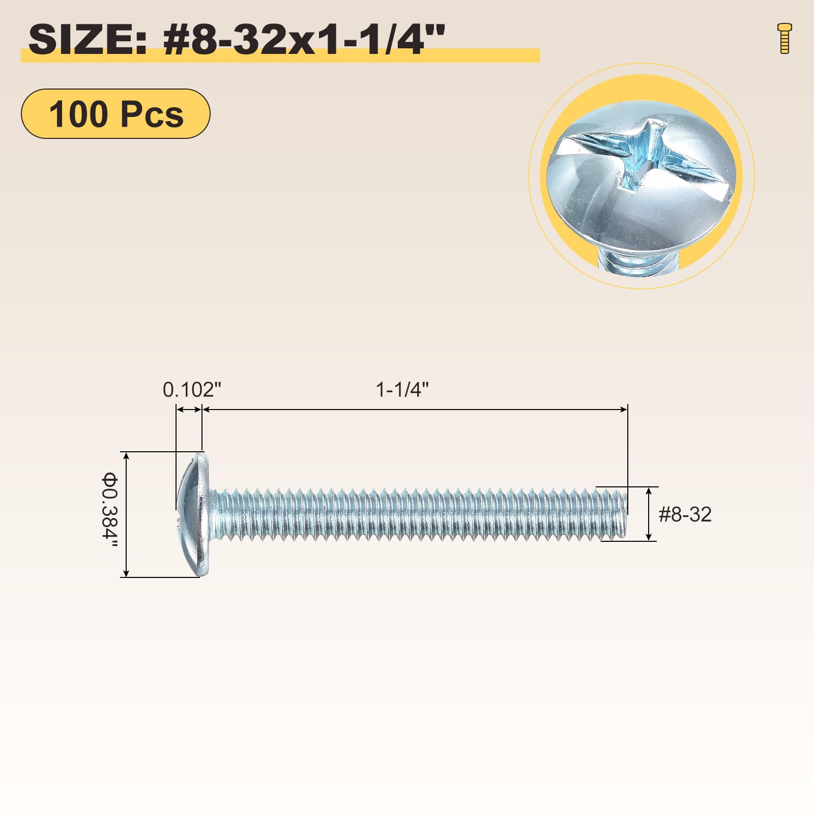 METALLIXITY Machine Screws Phillips Combo Head(#8-32x1-1/4") 100Pcs, Carbon Steel Round Head Cross Drive Furniture Bolts - Image 2