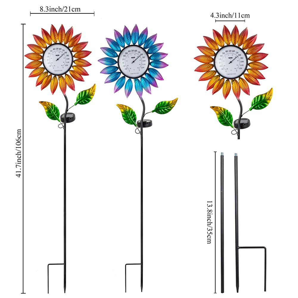 Sunflower Outdoor Thermometer 2 Pack,40.5 Inch Waterproof Patio Thermometer with Solar Light, Unique Garden & Yard Decor