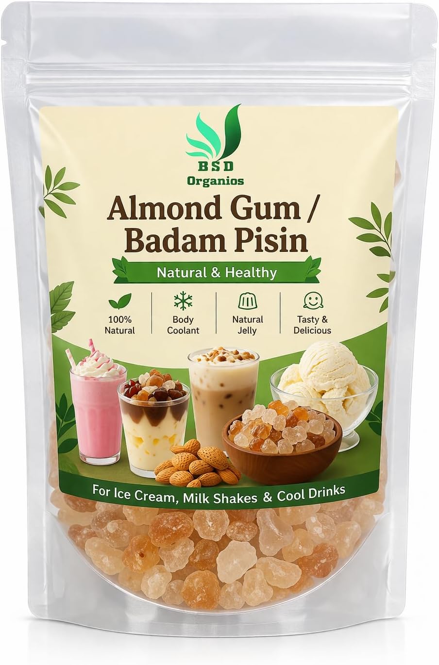 Natural Almond Gum/Badam Pisin/Badam Gum/Gondh Katira for ice cream, milk shakes, Jigarthanda, Body coolant, Natural Jelly,Tasty & delicious drink,and more-75 grams