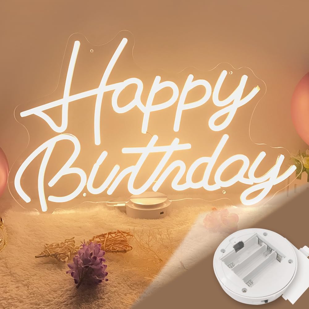 Happy Birthday Neon Sign Battery Operated - 23" Happy Birthday Sign with Base - USB Happy Birthday Light Up Sign - Happy Birthday LED Sign for Tabletop Backdrop Party Celebration Decor - Warm White