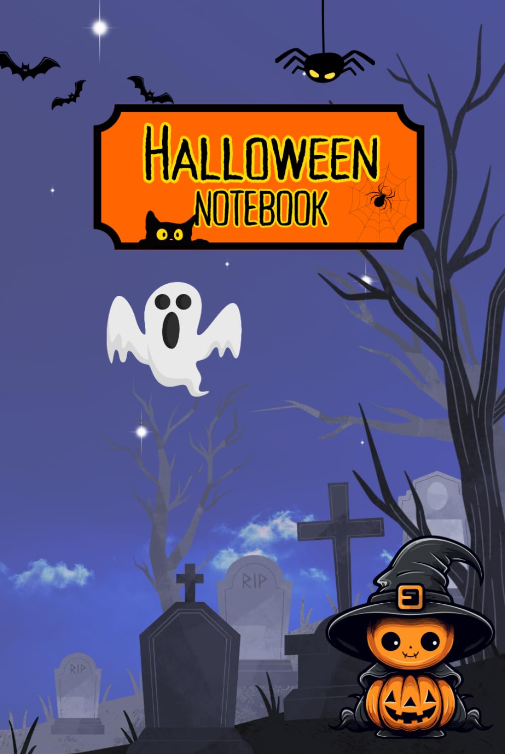 Spooky Scribbles: A Hauntingly Fun Halloween Notebook: A Creepy-Cool Place for Notes, Doodles, and Halloween Magic, Cover with stars in the sky, Colored interior