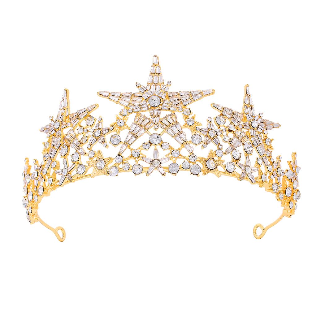 Woeoe Tiara da donna in cristallo con strass dorati, diadema da regina e corona da principessa tiara per costume da festa di compleanno accessori per capelli, METALLO