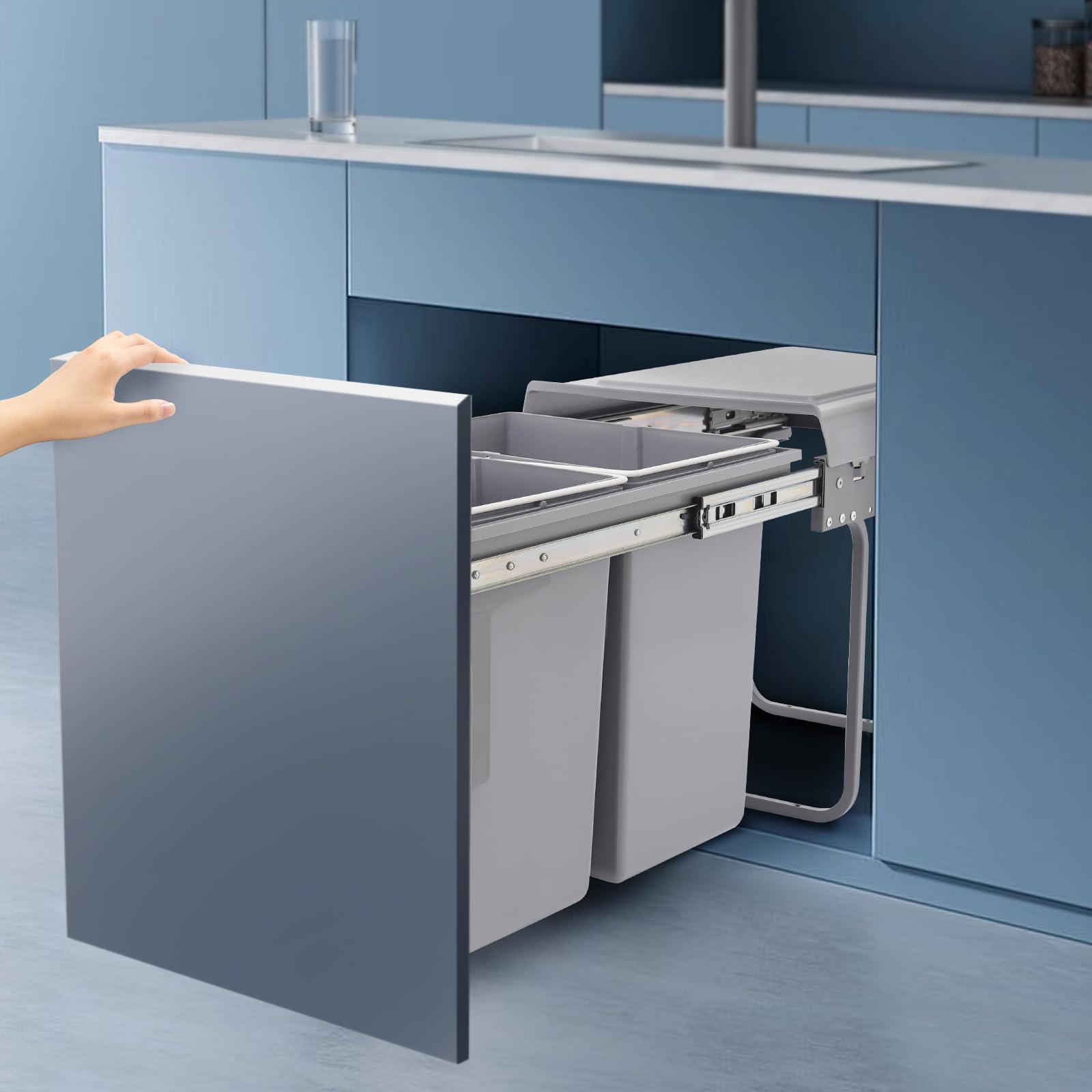 Cubo de basura extensible, sistema de separación de basura de 20 L con 2 compartimentos, cubo de basura incorporado con rieles telescópicos, cubo de basura de cocina para casas, restaurantes,