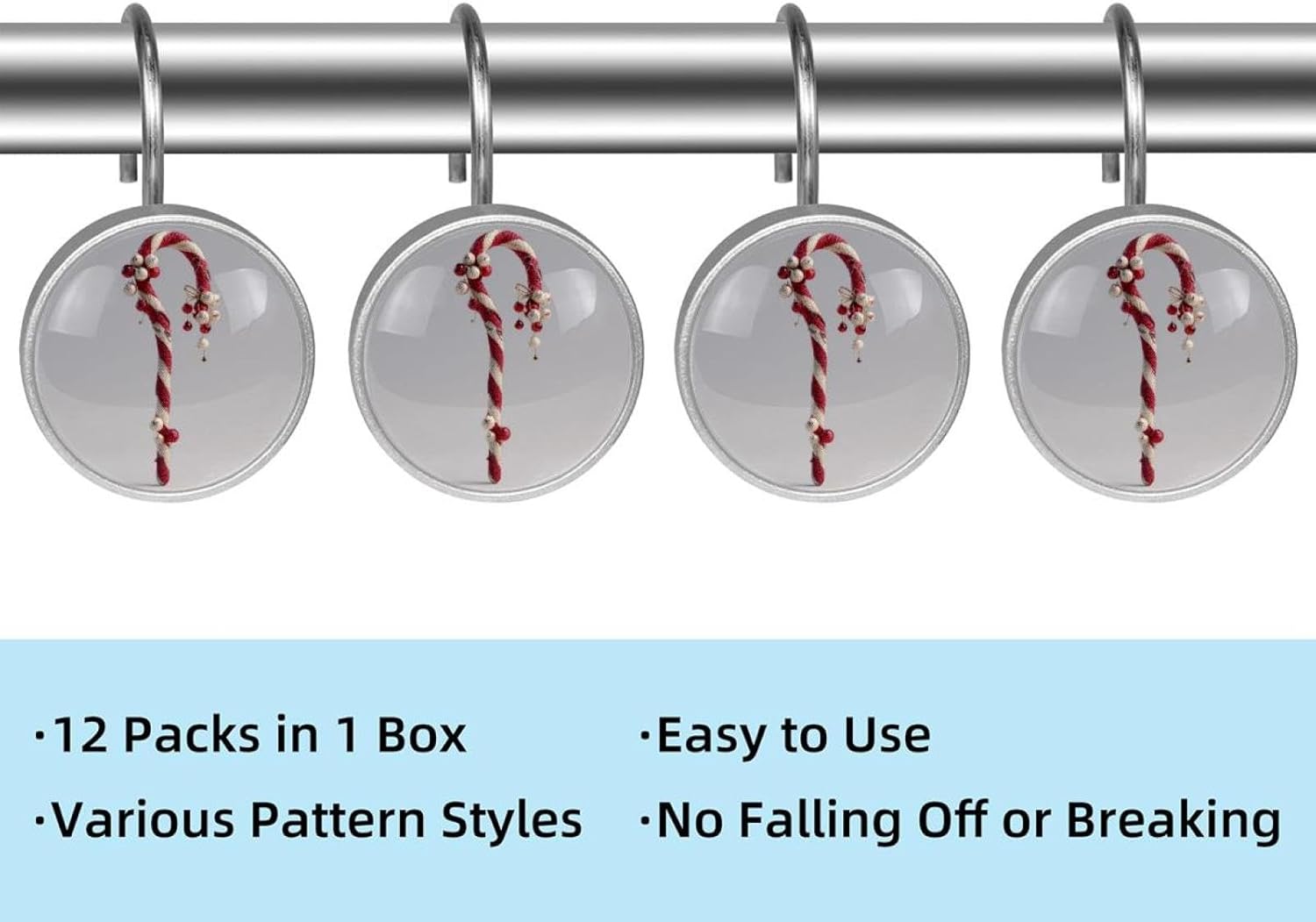 Christmas Crutch (1) Round Crystal Glass Decorative Shower Curtain Hooks with 3D Pattern Visual, Rust Proof Shower Curtain Rings-12 Pack