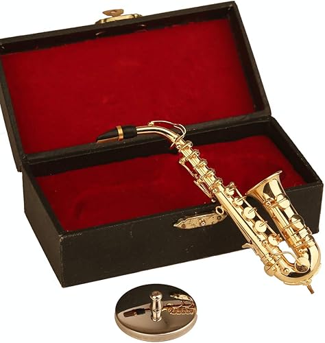 Miniatura 25 de Saxofón en miniatura con soporte y estuche de latón, réplica de mini instrumentos musicales, figuras coleccionables, accesorios de casa de muñecas
